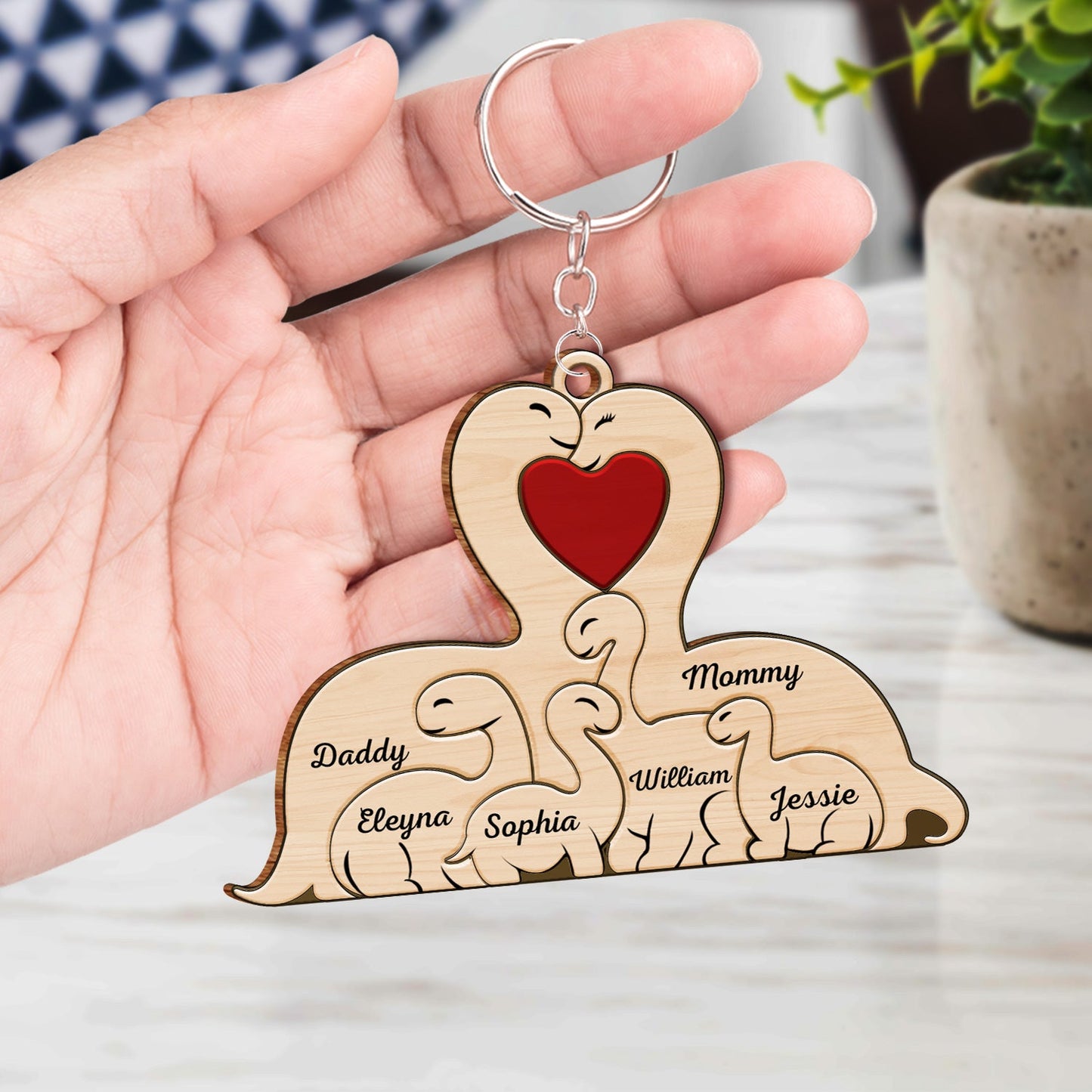 Family Dinosaurs - Gift For Parents, Father, Mother - Personalized Wooden Keychain