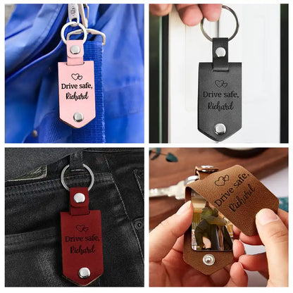 Custom Photo Drive Safe I Love You To The Moon And Back - Personalized Leather Photo Keychain