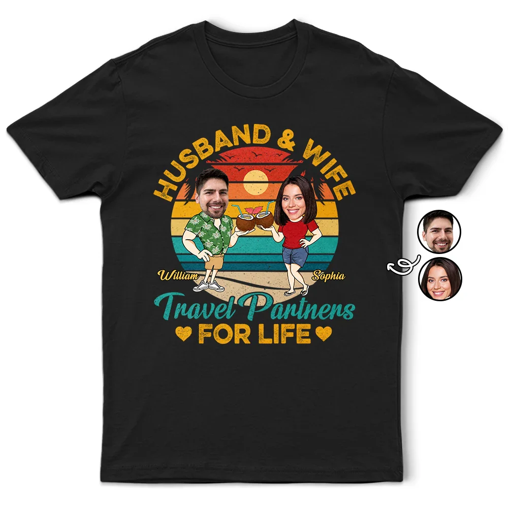 Custom Photo Husband And Wife Travel Partners For Life Retro - Personalized T Shirt