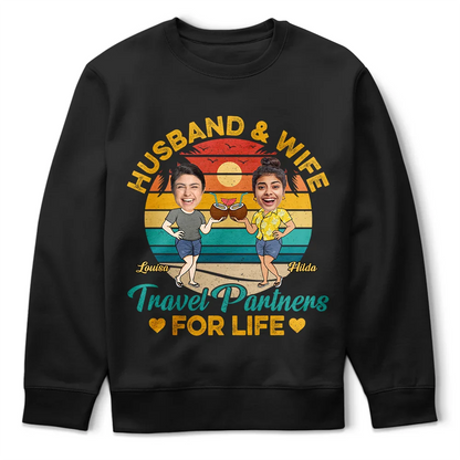 Custom Photo Husband And Wife Travel Partners For Life Retro - Personalized T Shirt