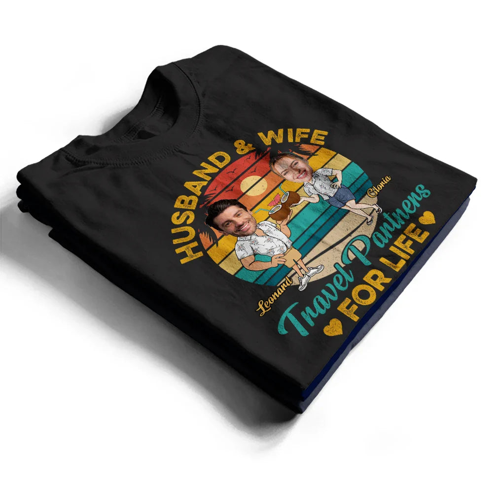 Custom Photo Husband And Wife Travel Partners For Life Retro - Personalized T Shirt