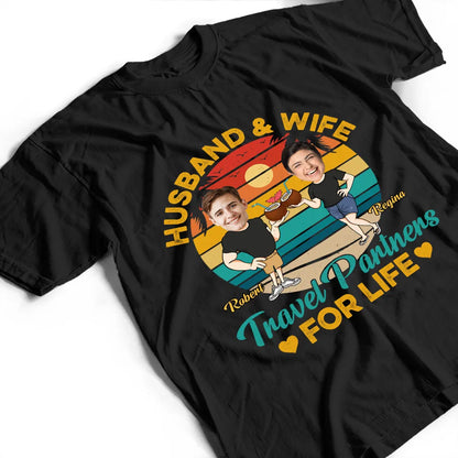 Custom Photo Husband And Wife Travel Partners For Life Retro - Personalized T Shirt