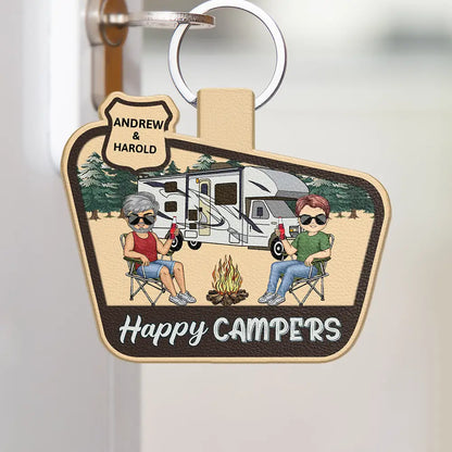 Keys To The Camper Chibi Camping Couple - Personalized Custom Shaped Leather Keychain