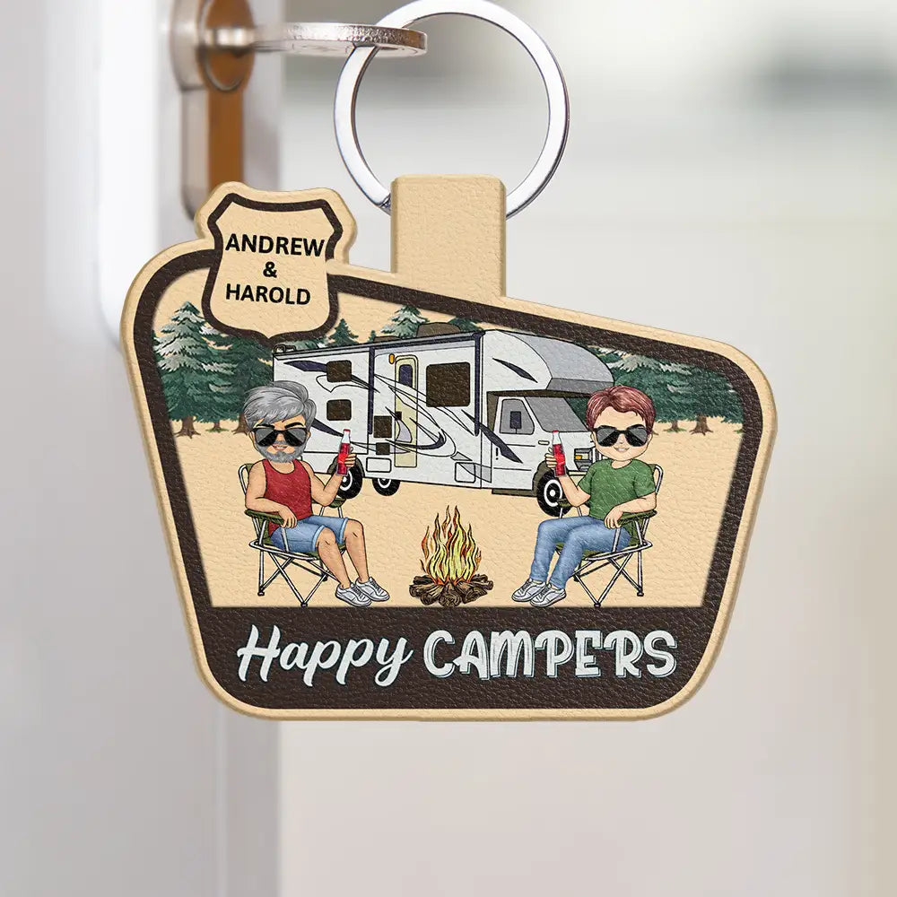 Keys To The Camper Chibi Camping Couple - Personalized Custom Shaped Leather Keychain