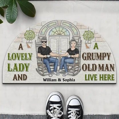Family Couple A Lovely Lady And A Grumpy Old Man Live Here - Personalized Custom Shaped Doormat