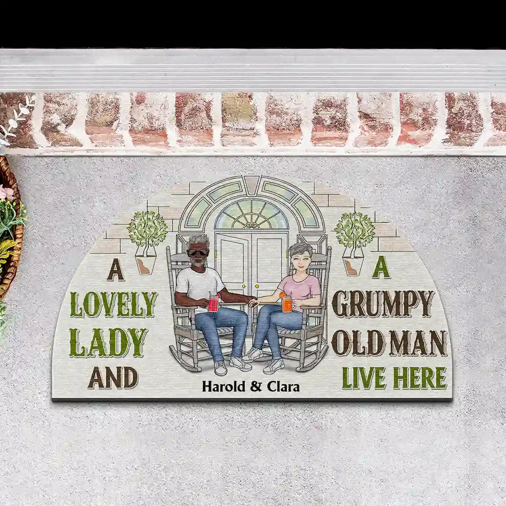 Family Couple A Lovely Lady And A Grumpy Old Man Live Here - Personalized Custom Shaped Doormat