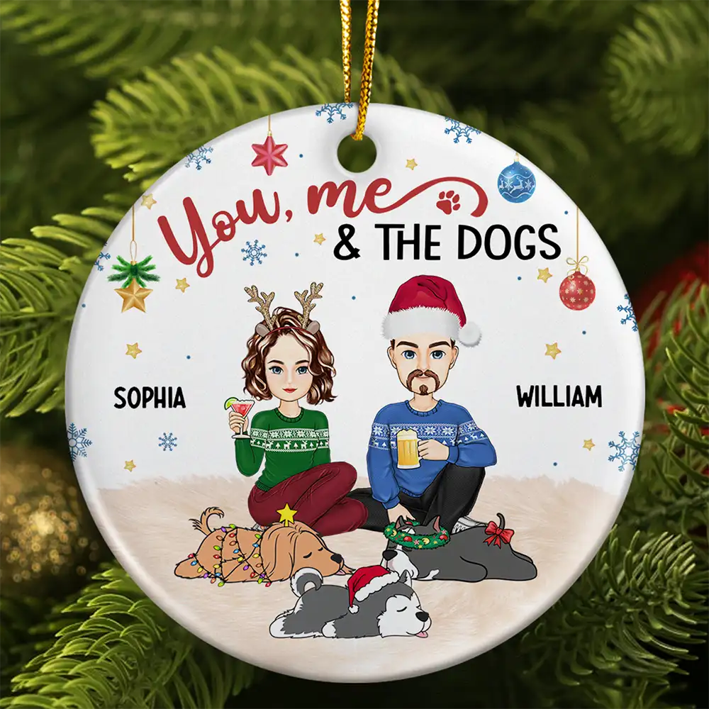 Christmas You & Me And The Dog - Personalized Circle Ceramic Ornament