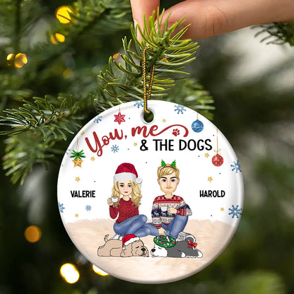 Christmas You & Me And The Dog - Personalized Circle Ceramic Ornament