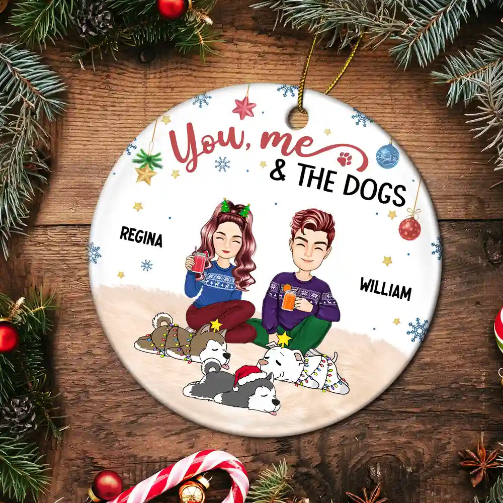 Christmas You & Me And The Dog - Personalized Circle Ceramic Ornament