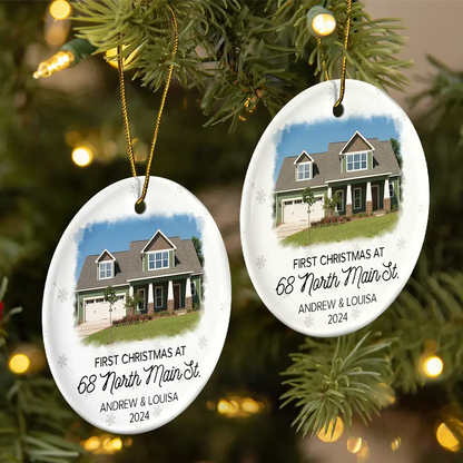 Custom Photo First Christmas At New Home Couple Family - Personalized Circle Ornament