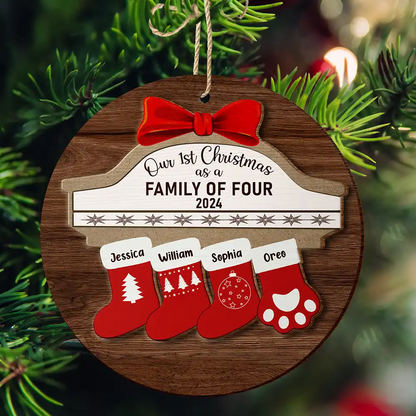 First Christmas As A Family Of Four Stocking Family - Personalized Wooden Ornament