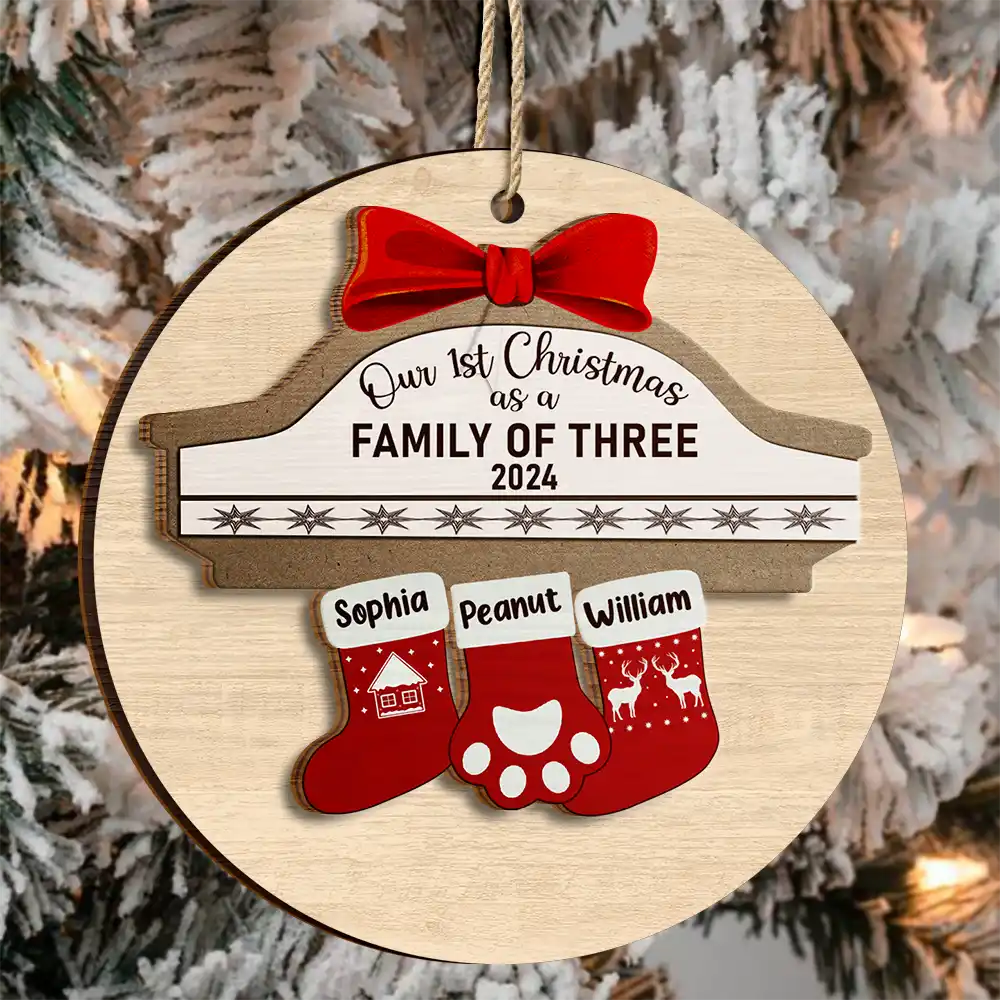 First Christmas As A Family Of Four Stocking Family - Personalized 2-Layered Wooden Ornament