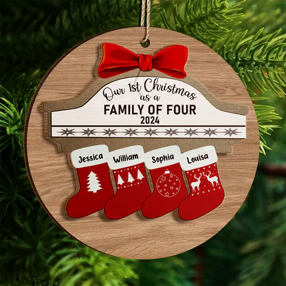 First Christmas As A Family Of Four Stocking Family - Personalized Wooden Ornament