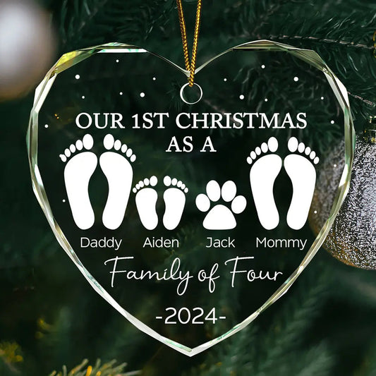 First Christmas As A Family Of Four Footprints - Personalized Heart Shaped Acrylic Ornament