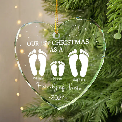 First Christmas As A Family Of Four Footprints - Personalized Heart Shaped Acrylic Ornament