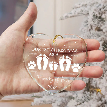 First Christmas As A Family Of Four Footprints - Personalized Heart Shaped Acrylic Ornament