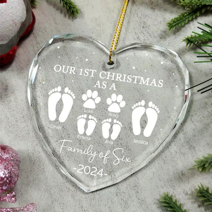 First Christmas As A Family Of Four Footprints - Personalized Heart Shaped Acrylic Ornament