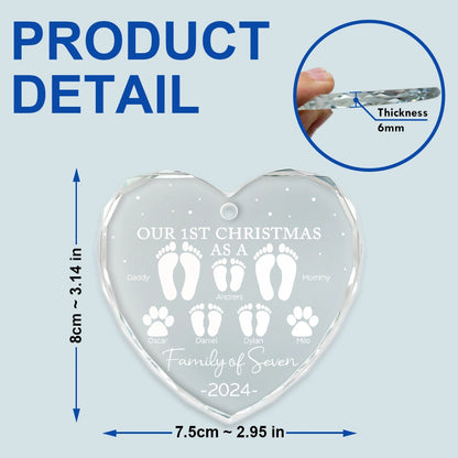 First Christmas As A Family Of Four Footprints - Personalized Heart Shaped Acrylic Ornament