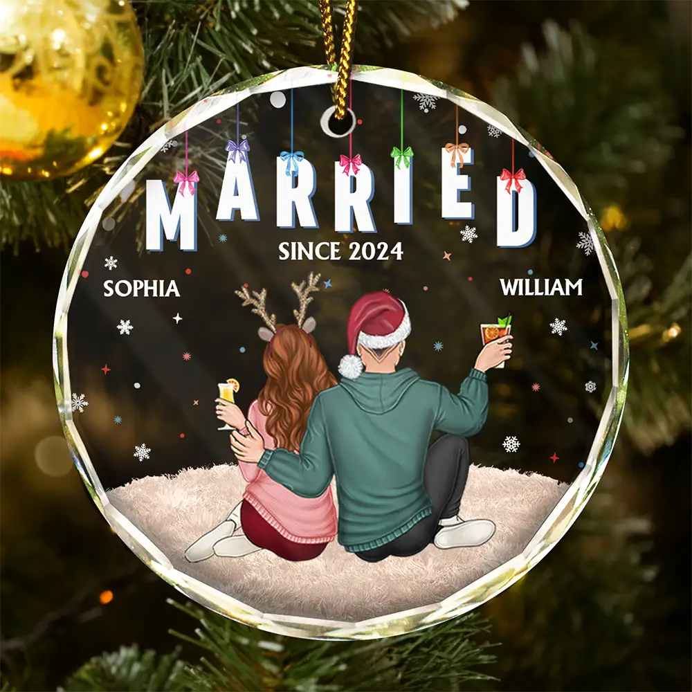 Gift For Couples - Couples Together Engaged Married - Personalized Circle Glass Ornament