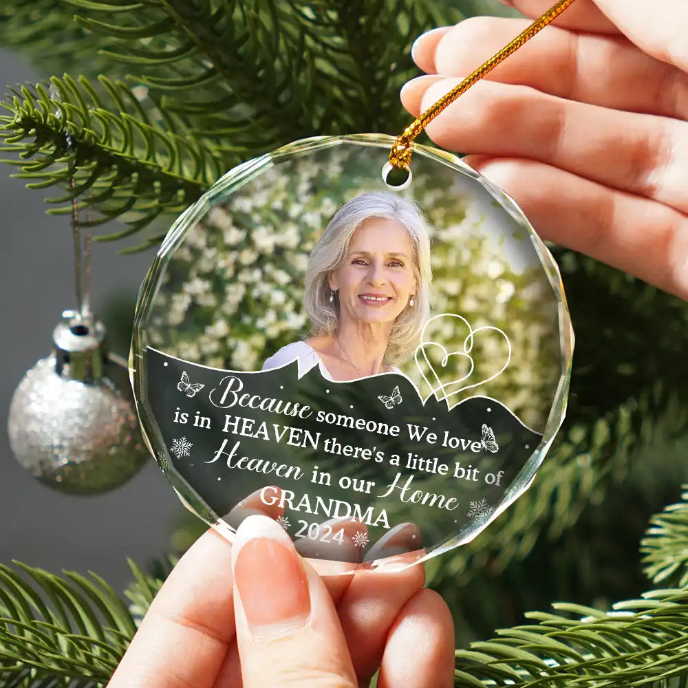 Gift For Grandparents - Custom Photo Memorial Because Someone We Love Is In Heaven - Personalized Circle Glass Ornament