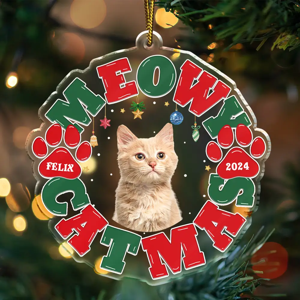 Custom Photo Meowy Catmas Merry Woofmas - Personalized Custom Shaped Acrylic Ornament