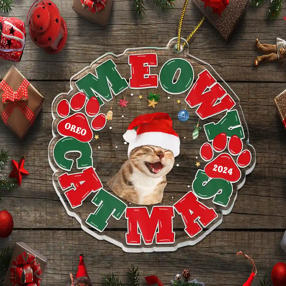 Custom Photo Meowy Catmas Merry Woofmas - Personalized Custom Shaped Acrylic Ornament