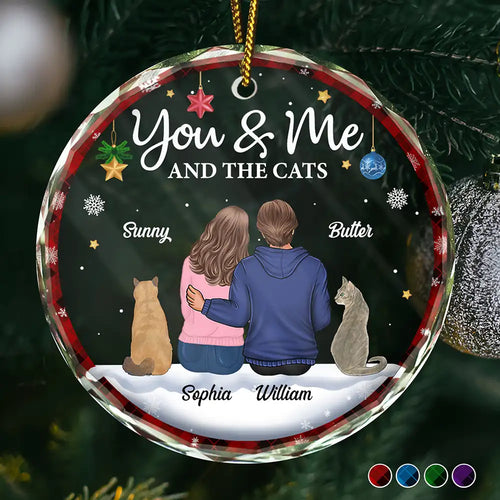 You & Me & The Cat Christmas Couple - Personalized Circle Glass Ornament