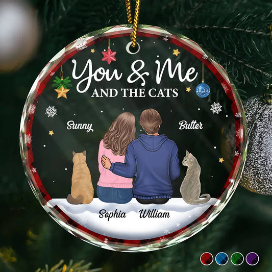You & Me & The Cat Christmas Couple - Personalized Circle Glass Ornament