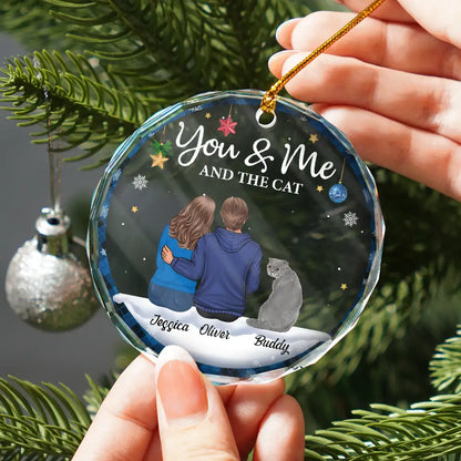 You & Me & The Cat Christmas Couple - Personalized Circle Glass Ornament