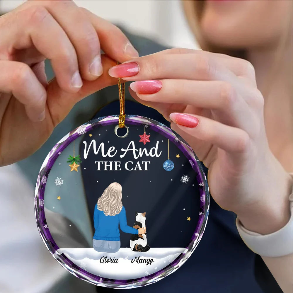 You & Me & The Cat Christmas Couple - Personalized Circle Glass Ornament
