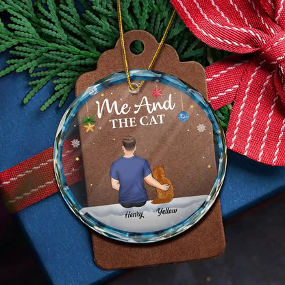 You & Me & The Cat Christmas Couple - Personalized Circle Glass Ornament