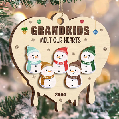 Snowman Grandkids Melt My Heart - Personalized Wooden Ornament