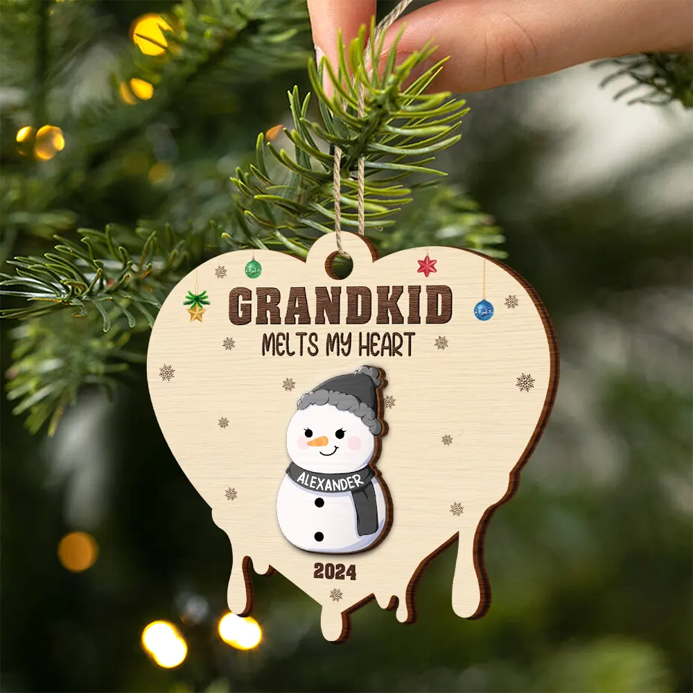 Snowman Grandkids Melt My Heart - Personalized Wooden Ornament