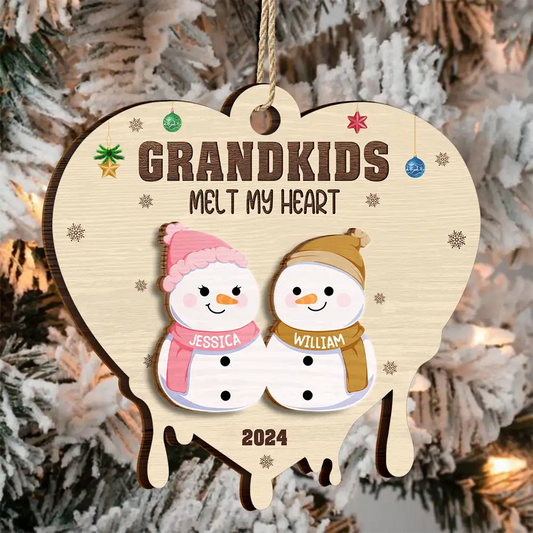 Snowman Grandkids Melt My Heart - Personalized Wooden Ornament