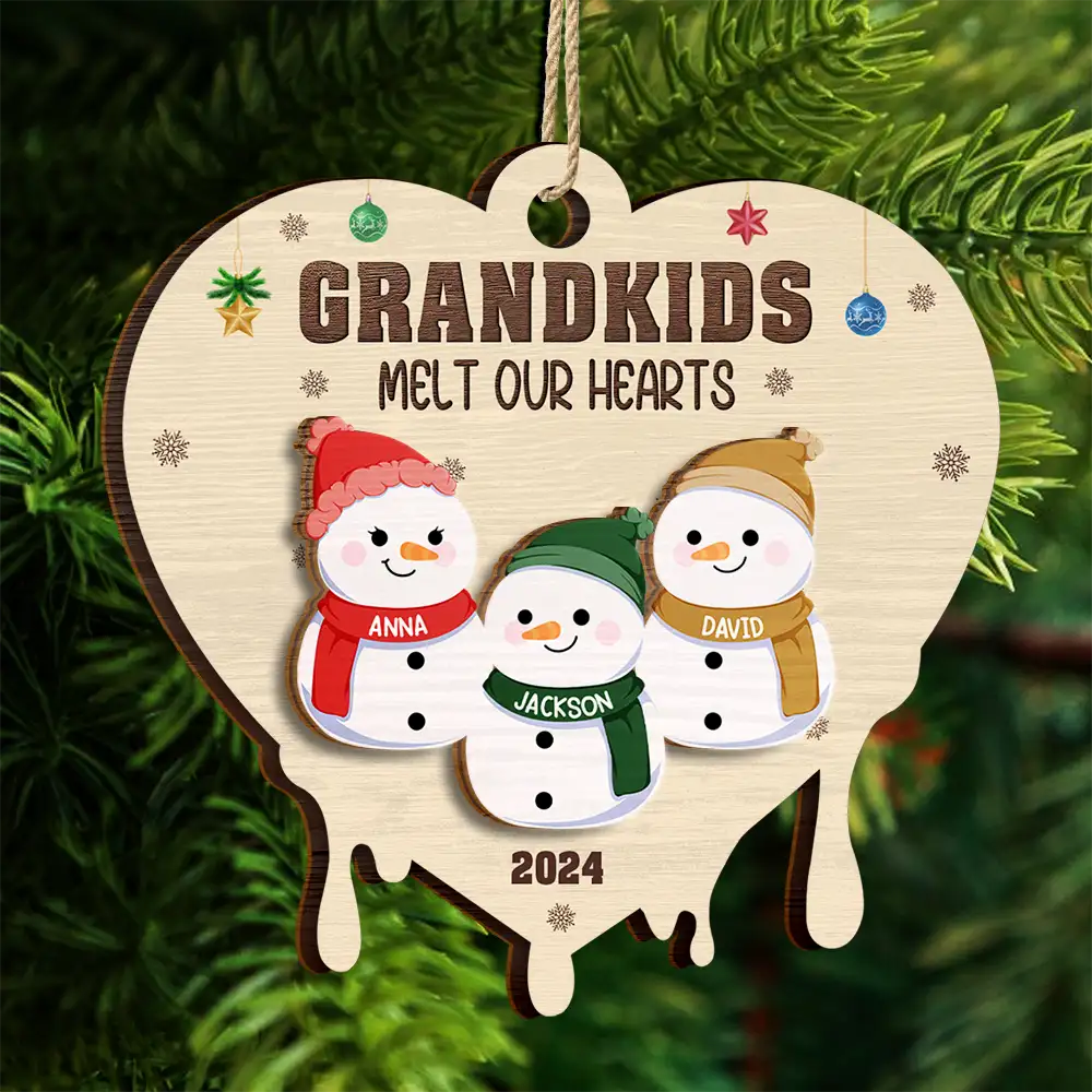 Snowman Grandkids Melt My Heart - Personalized Wooden Ornament