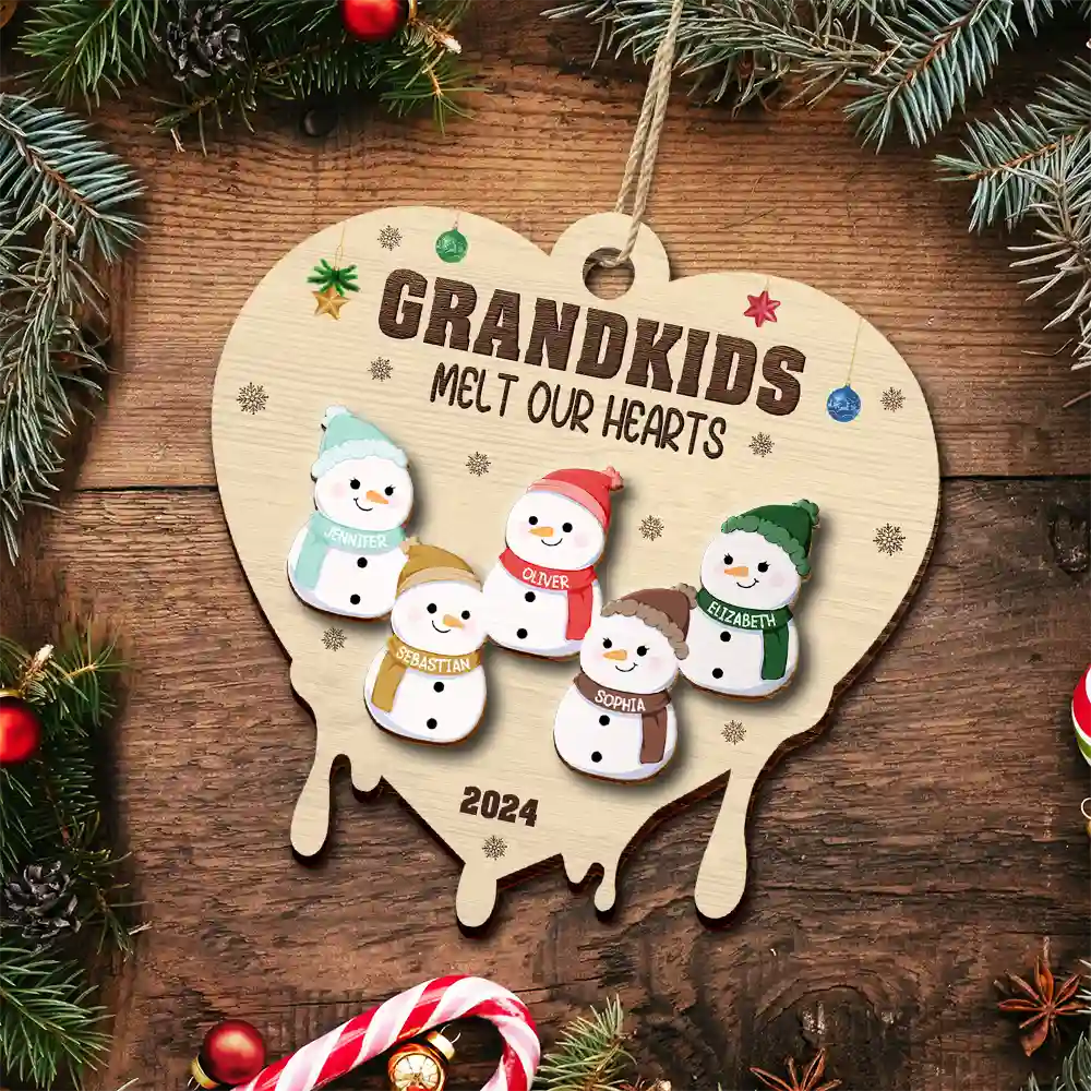 Snowman Grandkids Melt My Heart - Personalized Wooden Ornament