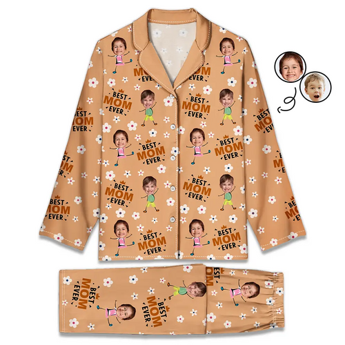 Custom Photo Best Mom Grandma Ever Flower Pattern - Personalized Long Pajamas Set