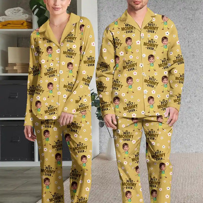 Custom Photo Best Mom Grandma Ever Flower Pattern - Personalized Long Pajamas Set