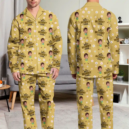 Custom Photo Best Mom Grandma Ever Flower Pattern - Personalized Long Pajamas Set