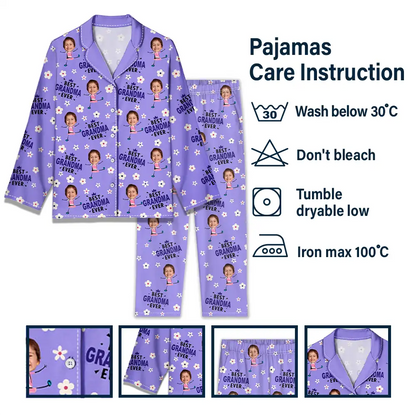 Custom Photo Best Mom Grandma Ever Flower Pattern - Personalized Long Pajamas Set