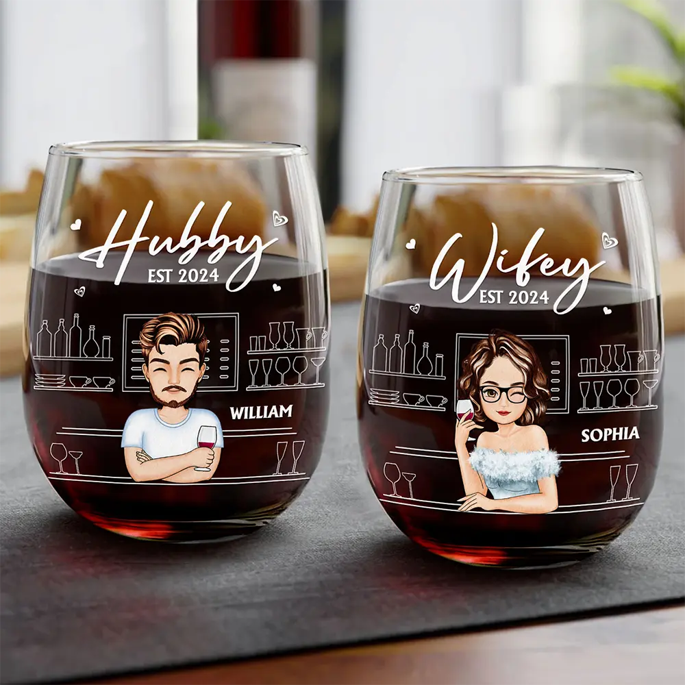 Hubby Wifey Couple - Personalized Stemless Wine Glass