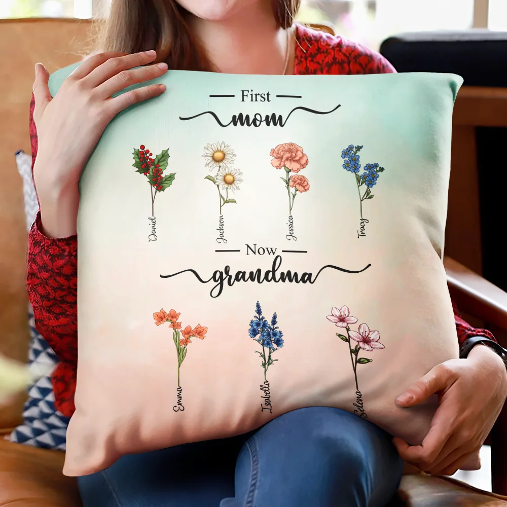 First Mom Now Grandma Birth Flowers - Personalized Pillow