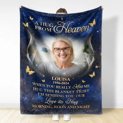 Custom Photo A Hug From Heaven Family Memorial - Personalized Fleece Blanket, Sherpa Blanket