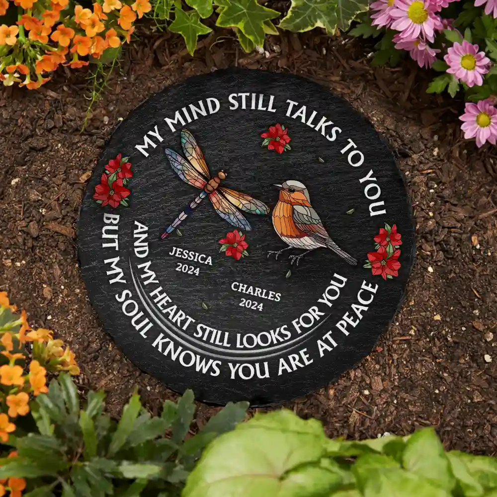 Memorial, Family, Gift For Yourself - Memorial My Mind Still Talks To You - Personalized Circle Memorial Garden Stone
