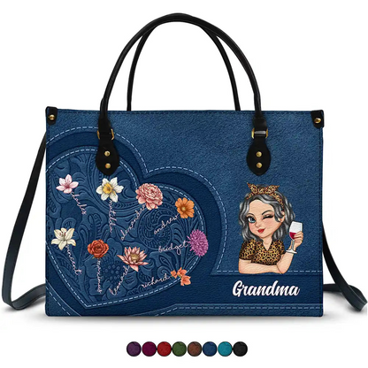 Grandma Birth Month Flowers Kids - Personalized Leather Bag