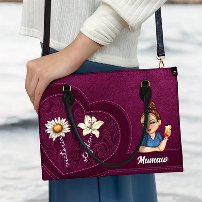 Grandma Birth Month Flowers Kids - Personalized Leather Bag