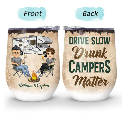 Let's Sit By The Campfire Husband Wife Camping - Couple Gift - Personalized Custom Wine Tumbler