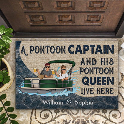 A Pontoon Captain And His Pontoon Queen Live Here Family - Couple Gift - Personalized Custom Doormat