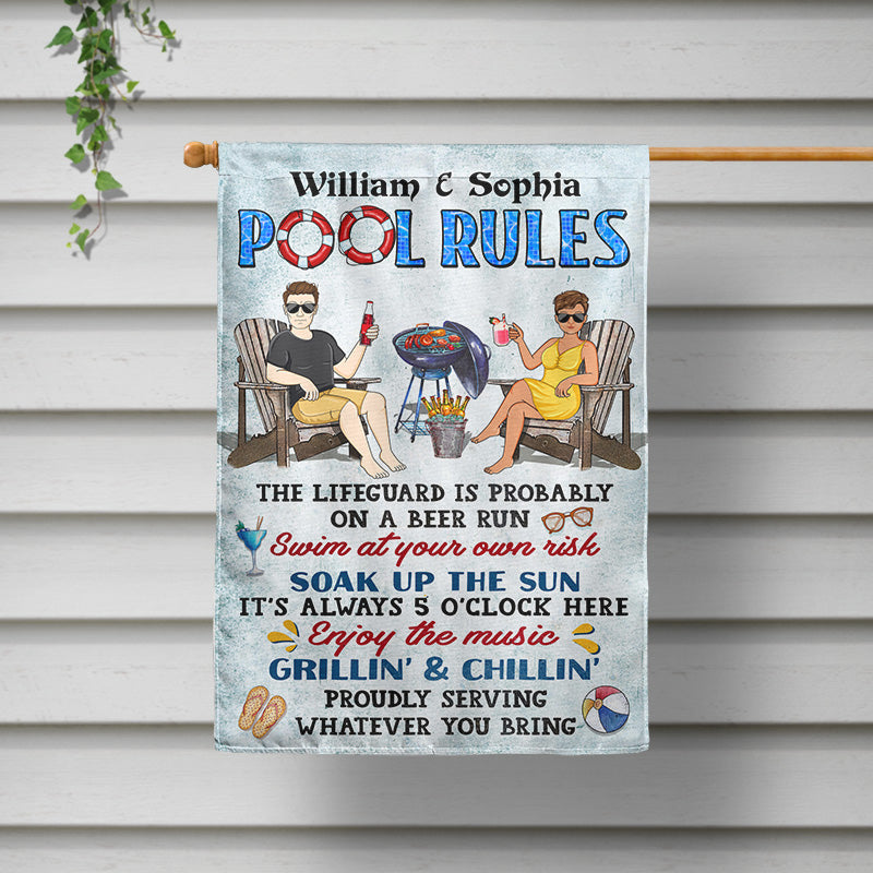 Pool Rules Swim At Your Own Risk Grilling Couple Husband Wife - Backyard Sign - Personalized Custom Flag