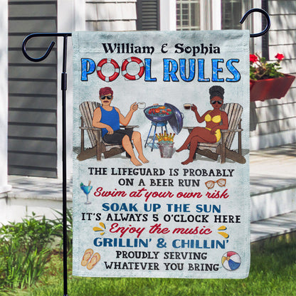 Pool Rules Swim At Your Own Risk Grilling Couple Husband Wife - Backyard Sign - Personalized Custom Flag